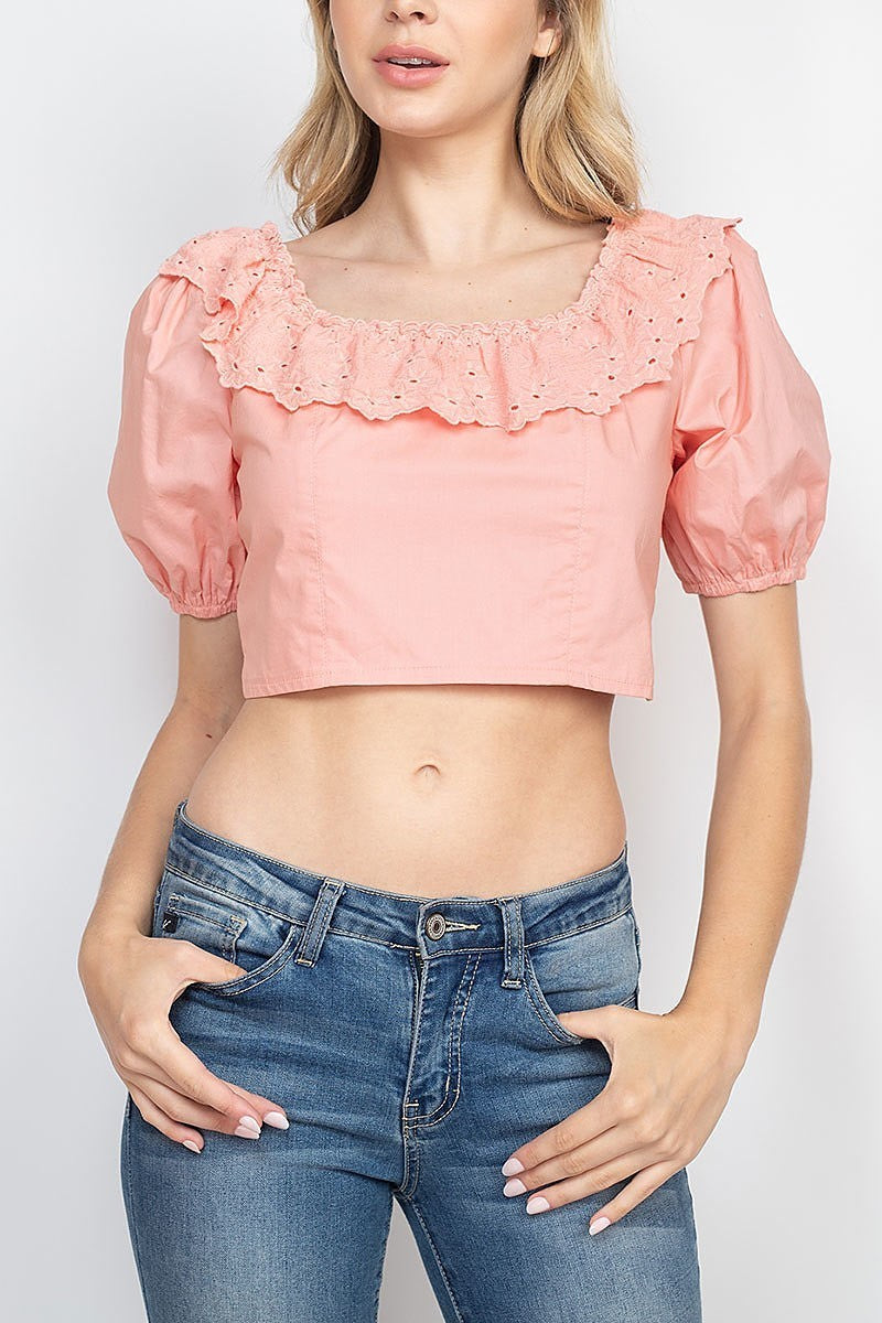 Square neck eyelet ruffle puff sleeve crop top (EF1845)