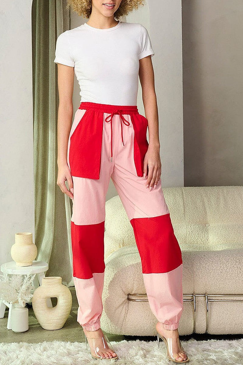 Elastic waist pockets colorblock jogger pants (EFWT8796)