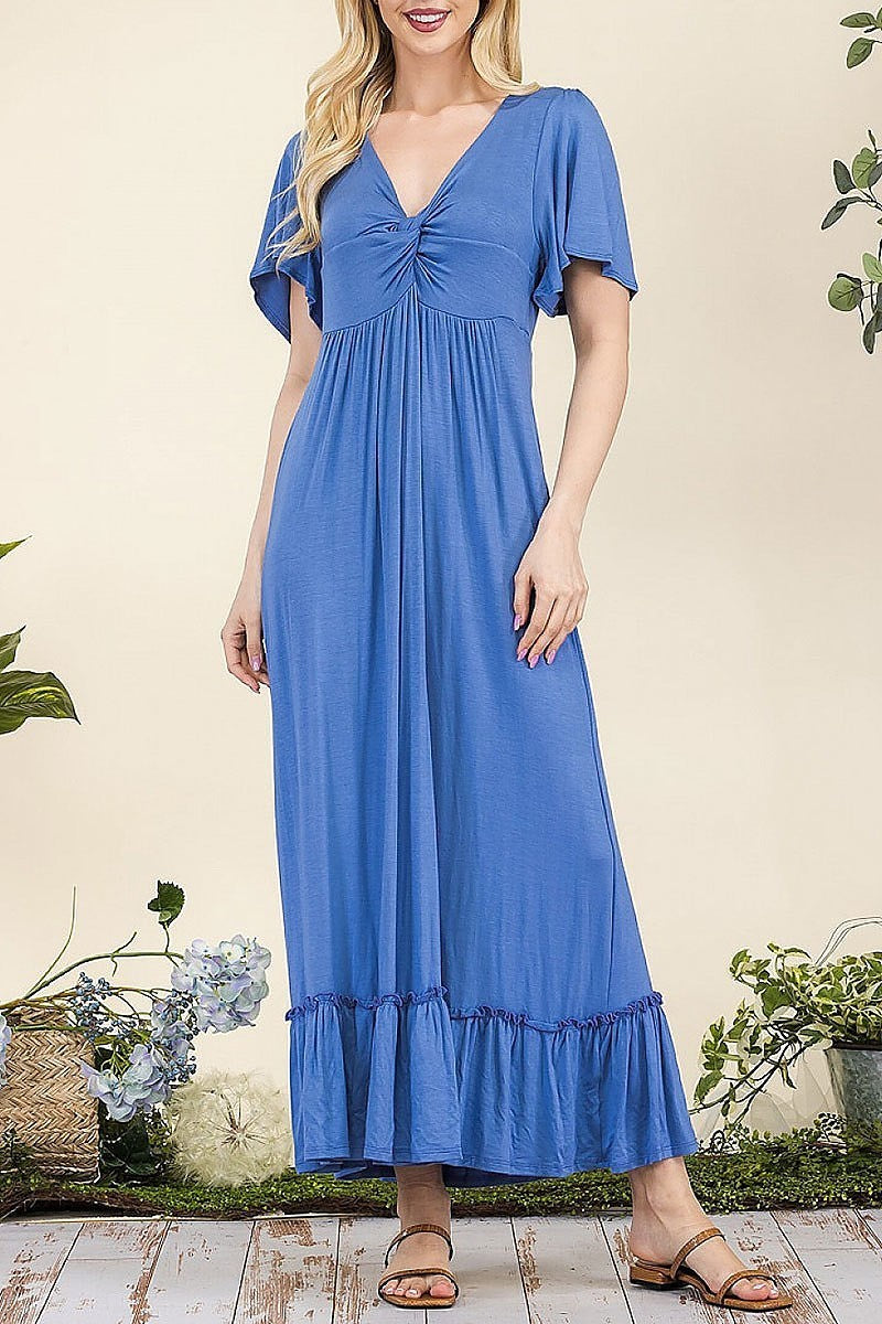 V-neck knotted short sleeve midi dress (DED8399)