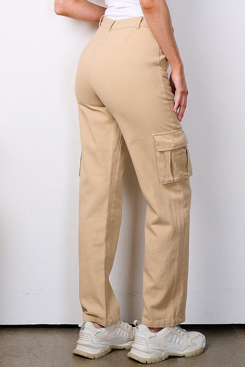 Button closure high waist cargo pockets pants (EFWT7531)