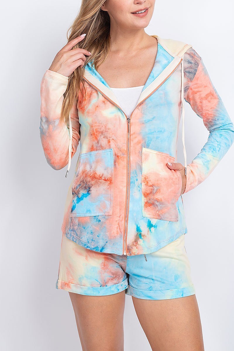 Pocket detail hoodie tie dye jacket and short set (EF1924)