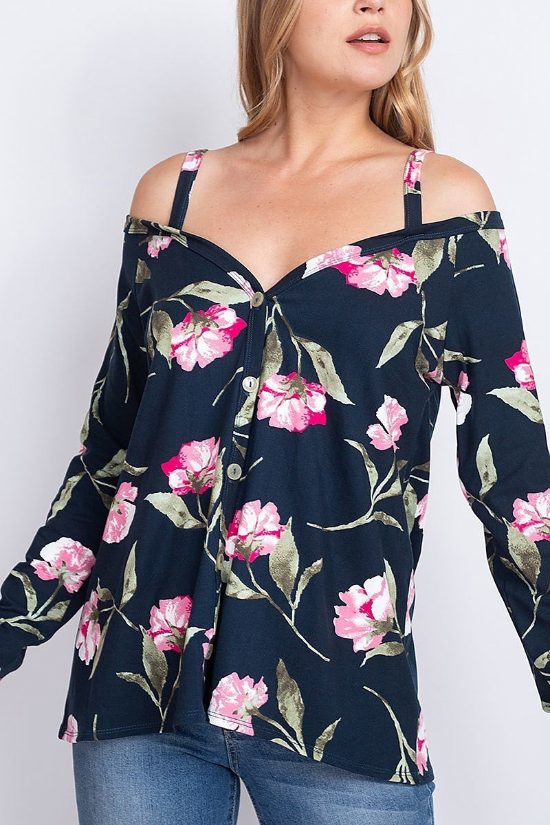 Off shoulder floral print button front top (EF1911)