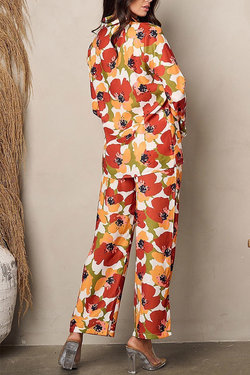 Long sleeve button up top & pants floral set (EFWT1865)