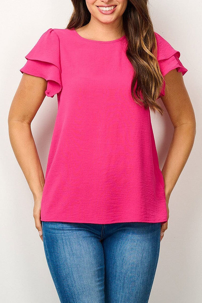 Short ruffle sleeve solid blouse top (EFWT6666)