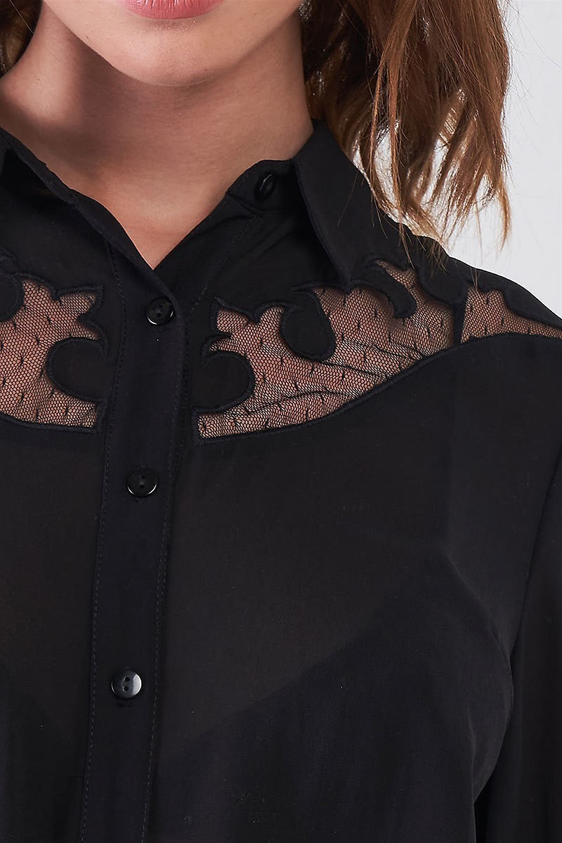 Embroidered sheer mesh detail button front shirt (TDG8254)