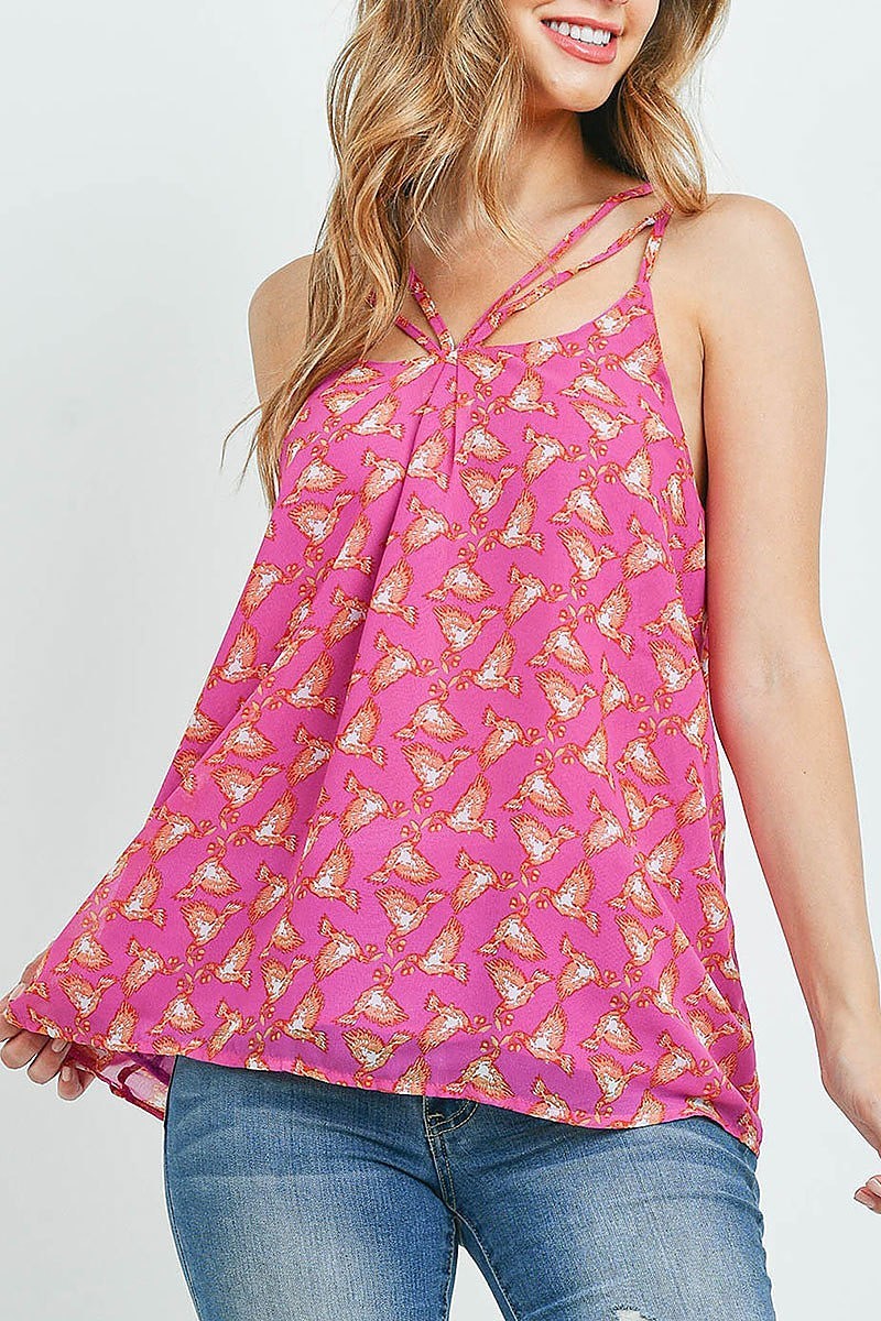 Spaghetti strap design bird print loose fit top (ED9526)