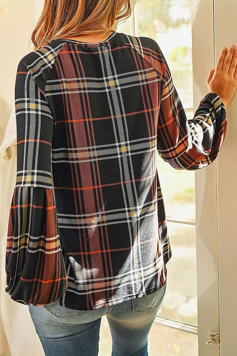 Plaid puff long sleeve round neck top (EF2665)