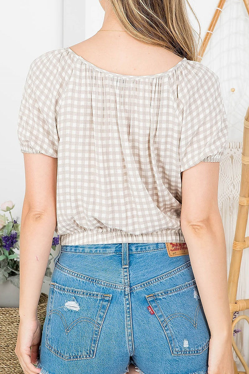 Ginghem scoop neck puff sleeve crop top (EF3995)