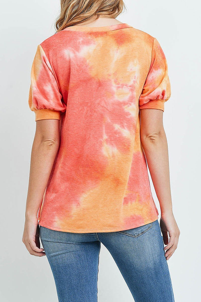 Puff sleeves v neck tie dye top (ED9163)