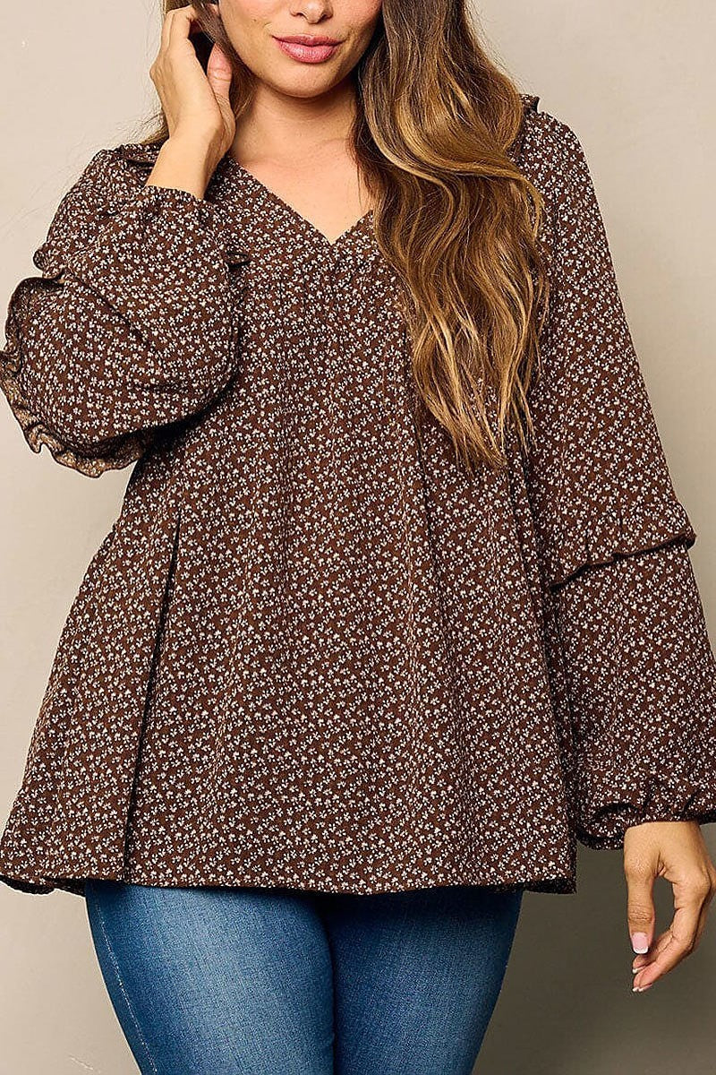 Long sleeve v-neck tunic floral blouse top (EFWT4816)