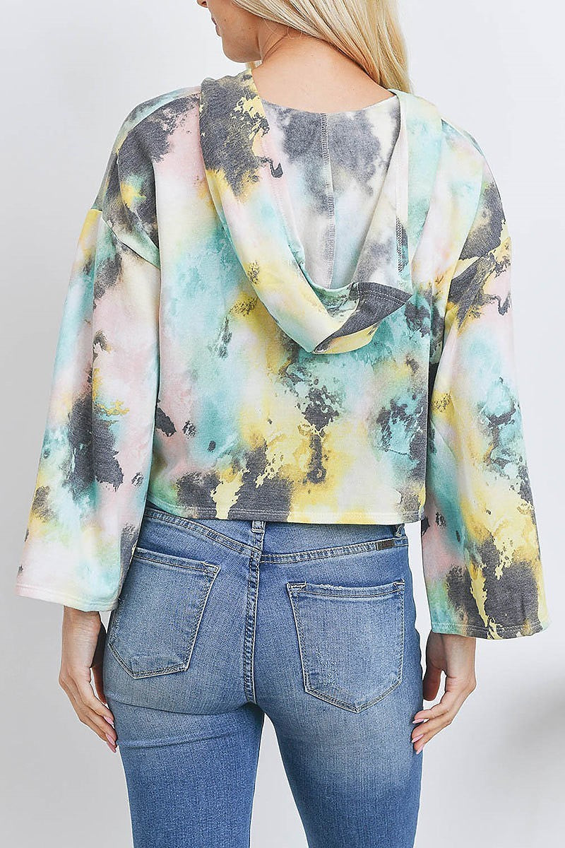 Tie dye bell sleeve hoodie crop top (EF2649)