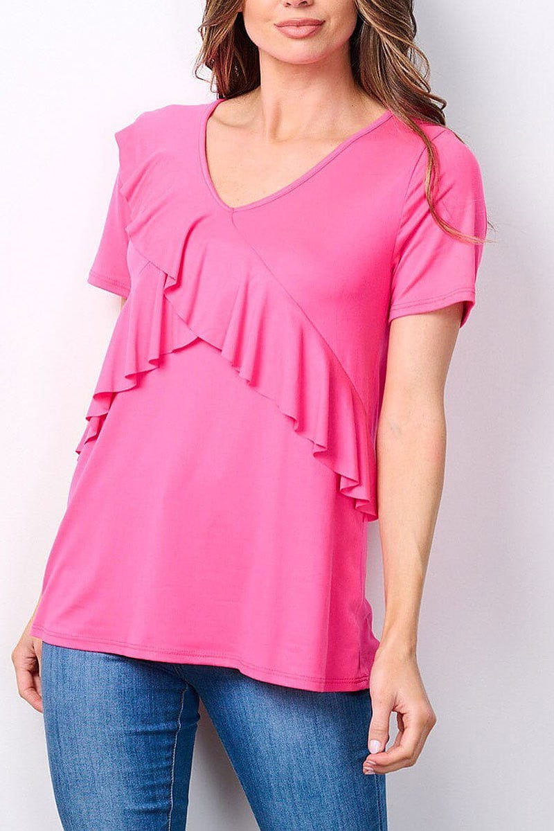 Short sleeve v-neck ruffle detailed top (EFWT7525)