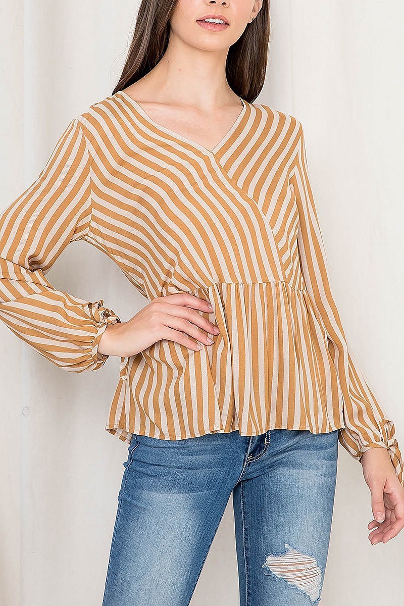 Bubble sleeve peplum detail stripe top (EF2675)