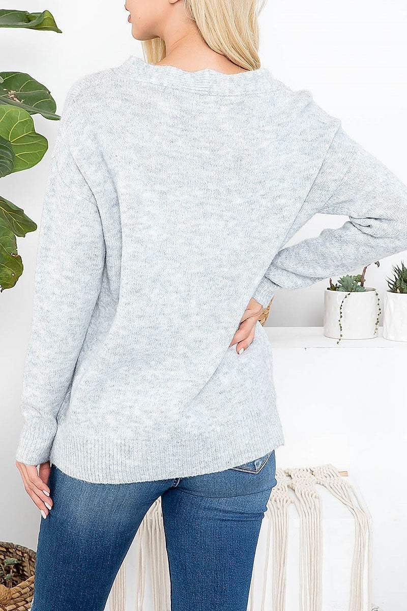 Cable design v neck sweater (DGS5361-1)