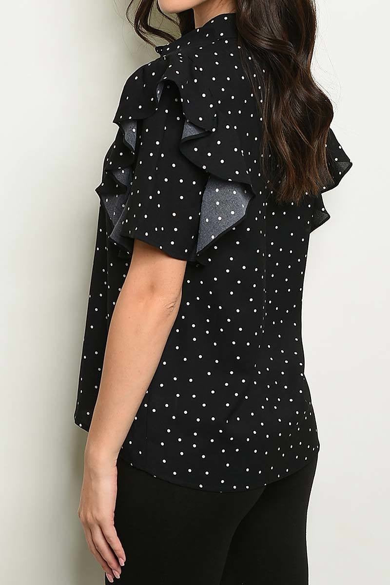 Ruffle shoulder detail polka dot print top (ED2521-1)