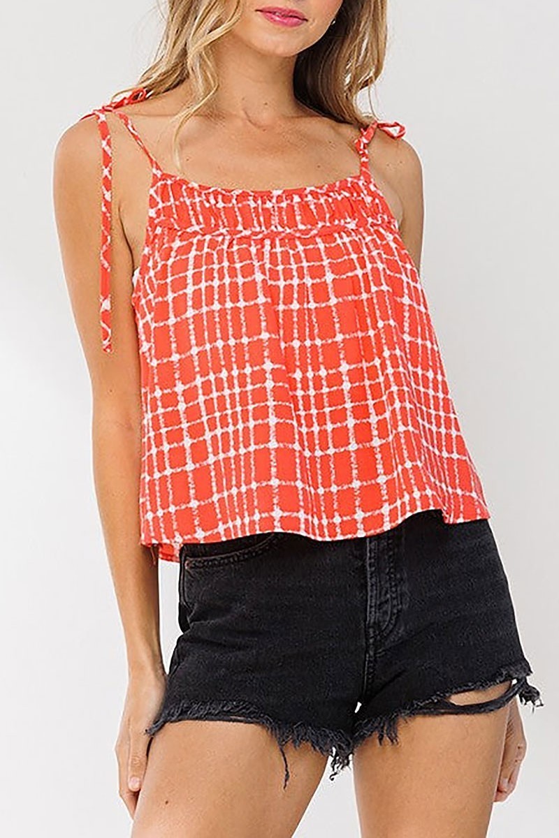 Plaid tie strap shirring babydoll top (EDSW4477)