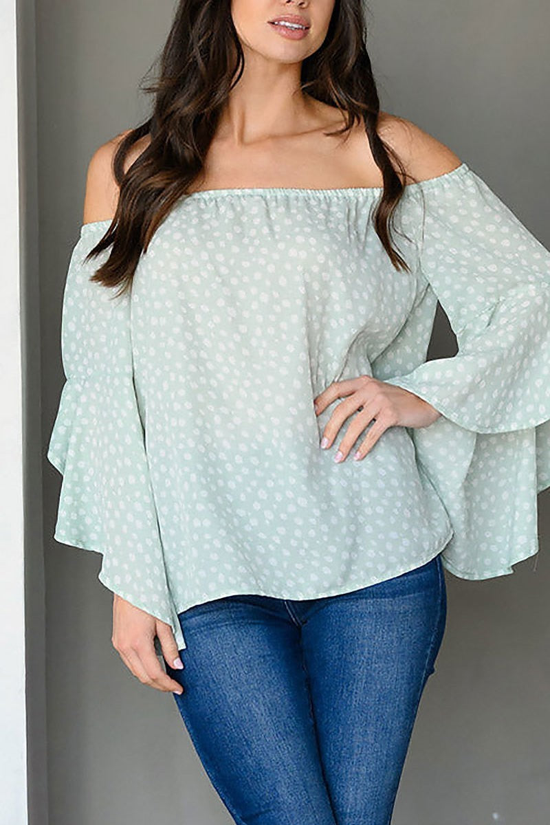 Off shoulder bell sleeve animal print tunic top (EDWT9403)