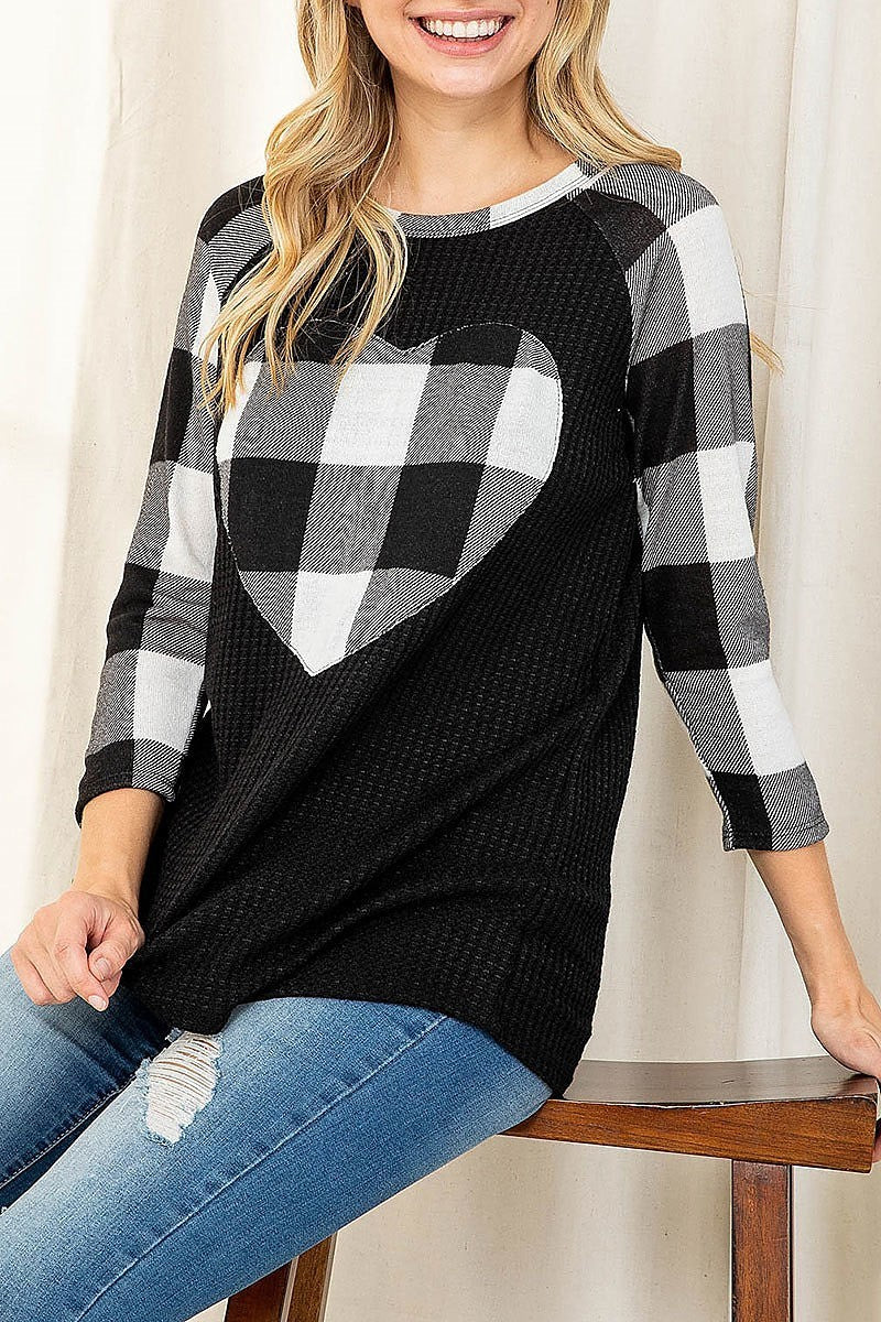 Plaid heart print quarter sleeve waffle top (EF2734)