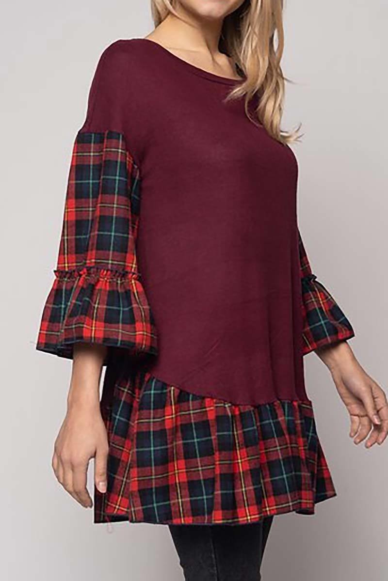 3/4 plaid print contrast ruffle sleeves and hem hacci knit plus size tunic top (DGC3286-1)