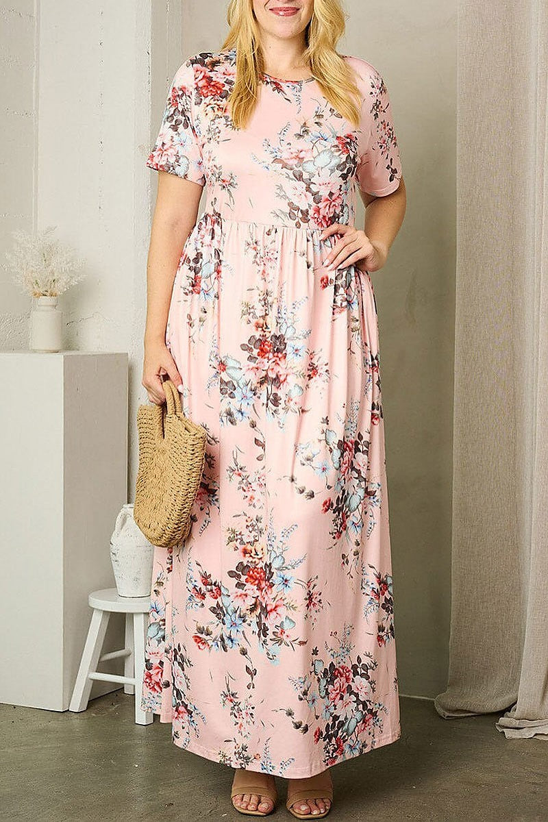 Short sleeve pockets floral maxi dress (EFWT1651)