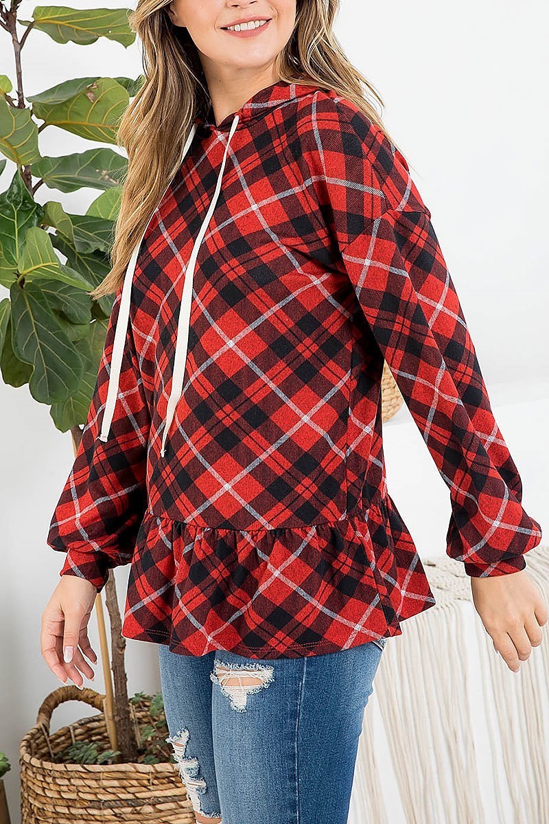 Plaid puff sleeve ruffle hem self tie hoodie (EF2474)