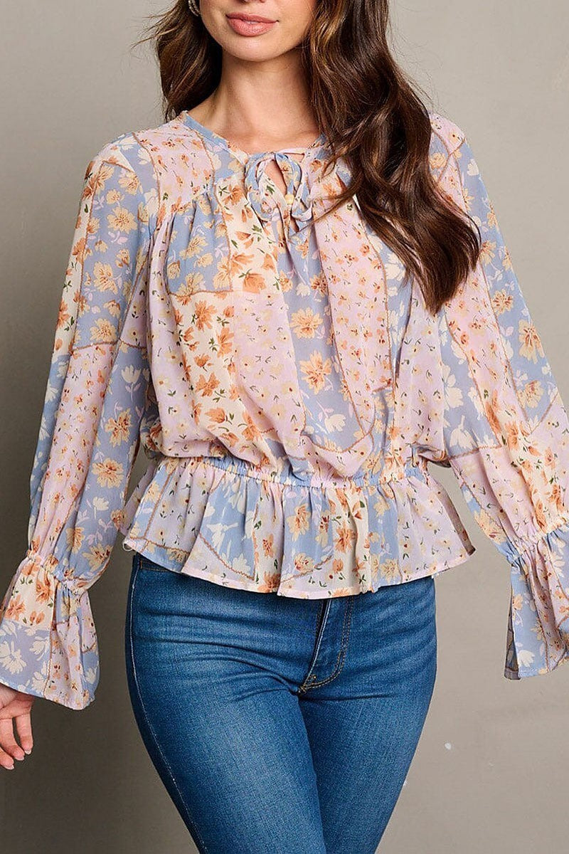 Long bell sleeve neck tie floral peplum blouse top (EGWT2057)