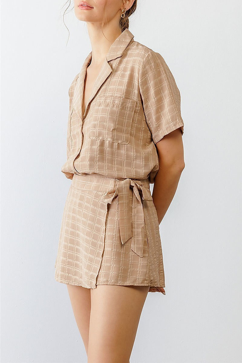 Button up pocket detail plaid top and skort set (TED1765)