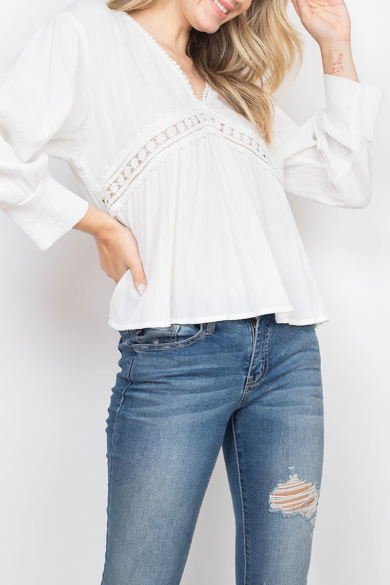 V neck lace trimmed bubble sleeve top (EF1800)