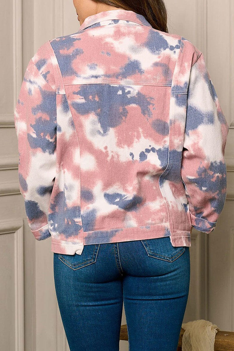 Long sleeve button up tie dye denim jacket (EFWT5765)