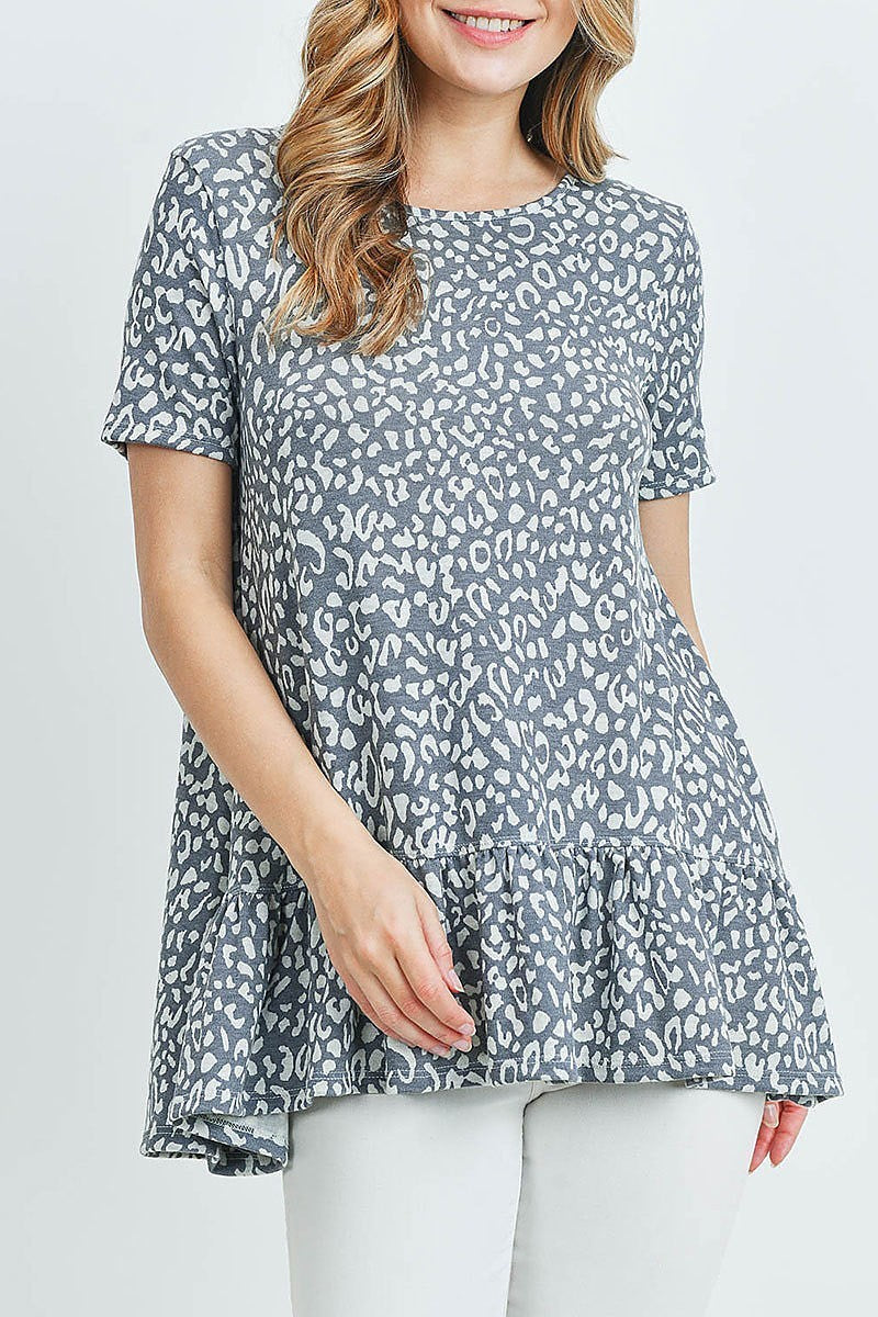 Short sleeved ruffle detail hem leopard tunic (ED9022-2)