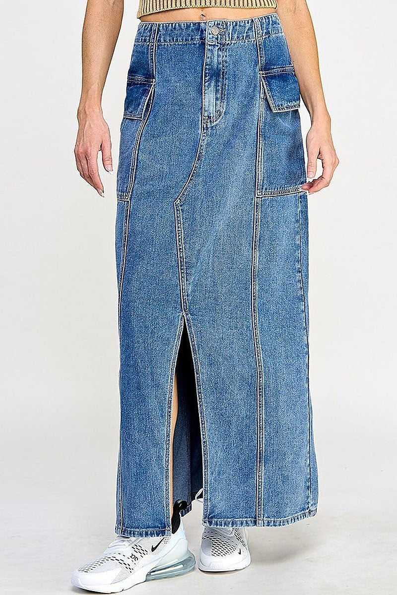 Button closure pockets front slit denim maxi skirt (EGWT2561)