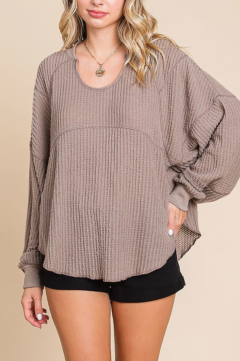 Blushed waffle out-stitching hemming pullover (EDH1829)