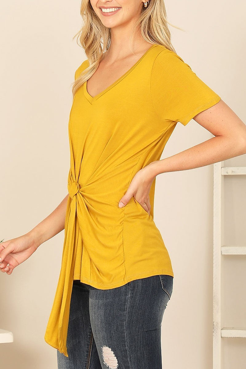 Short sleeve v-neck twist front solid top (EF7729)