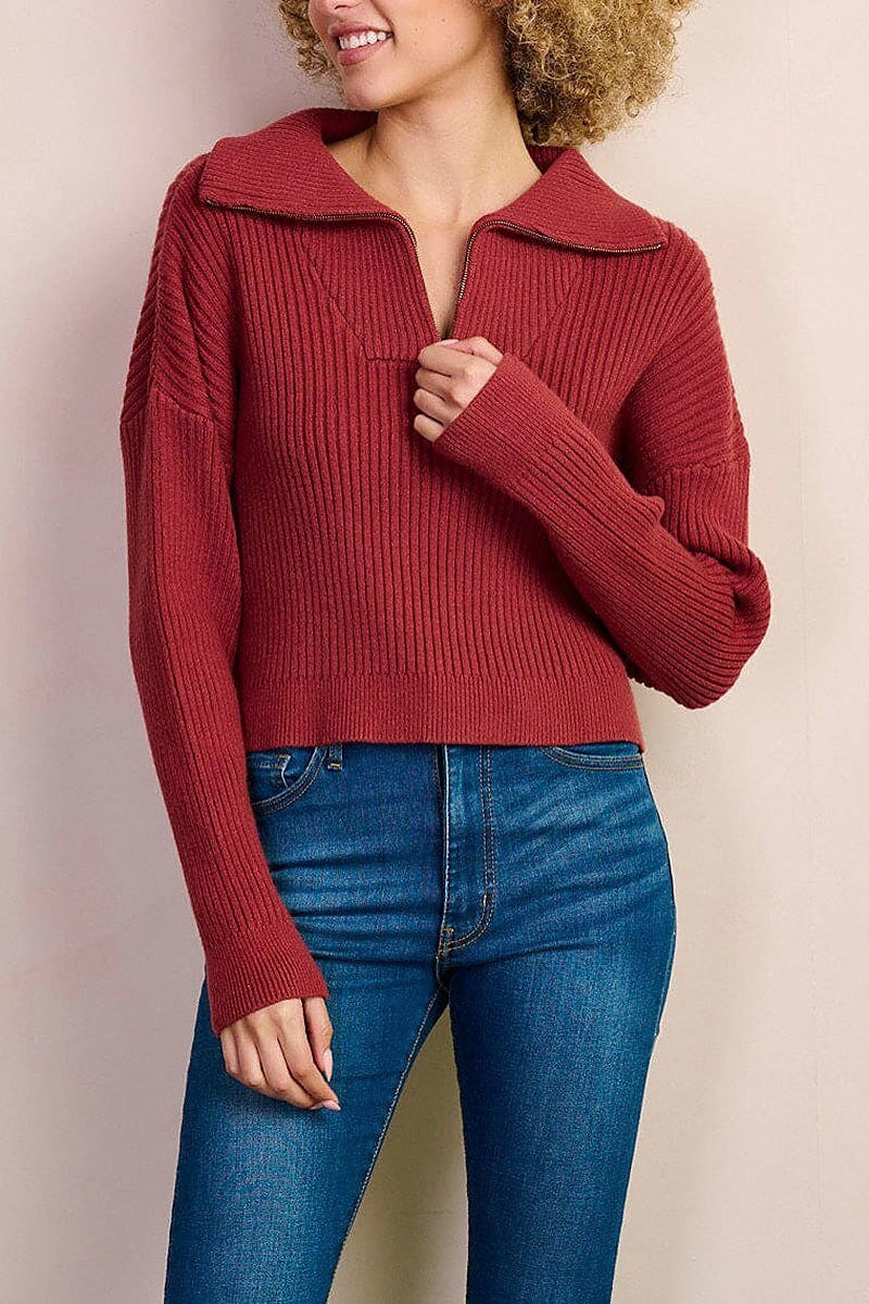 Long sleeve zip up collar pullover top (EFWT8374)