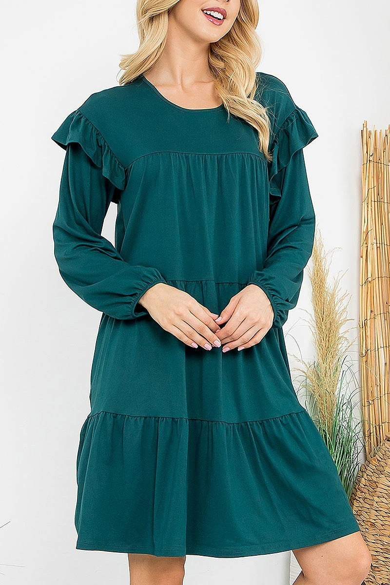 Long sleeve ruffle detail solid dress (DED8851)