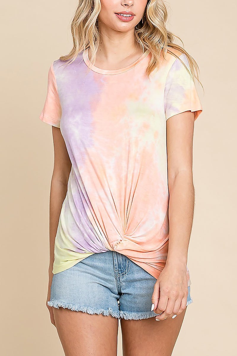 Round neck short sleeve tie dye t-shirt with front twist detail (EDH1286)