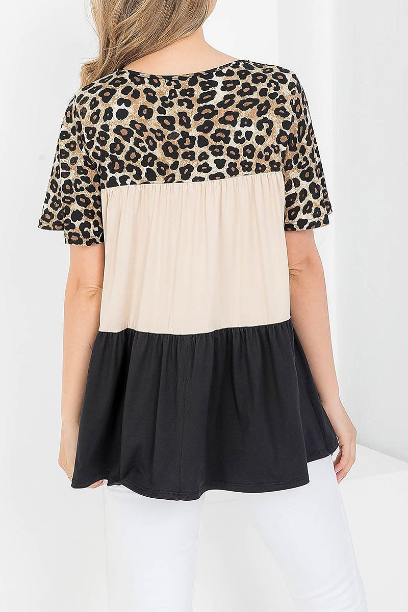 Leopard crisscross neck color block top (EF3926)