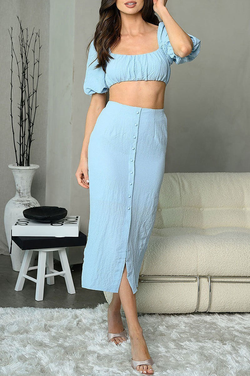 Puff sleeve ruched detail crop top and button front skirt set (EDWT6185)