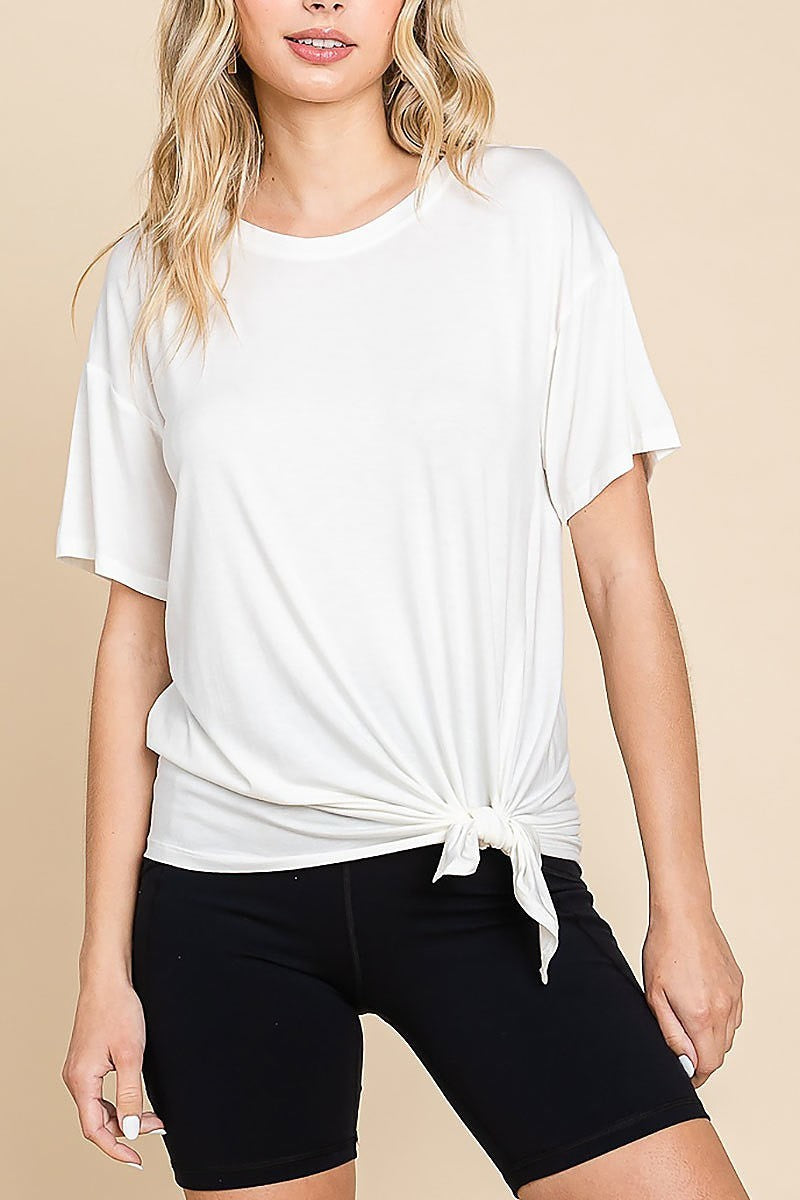 Solid round neck short sleeve knit top with diagonal slit detail (EDH1298)