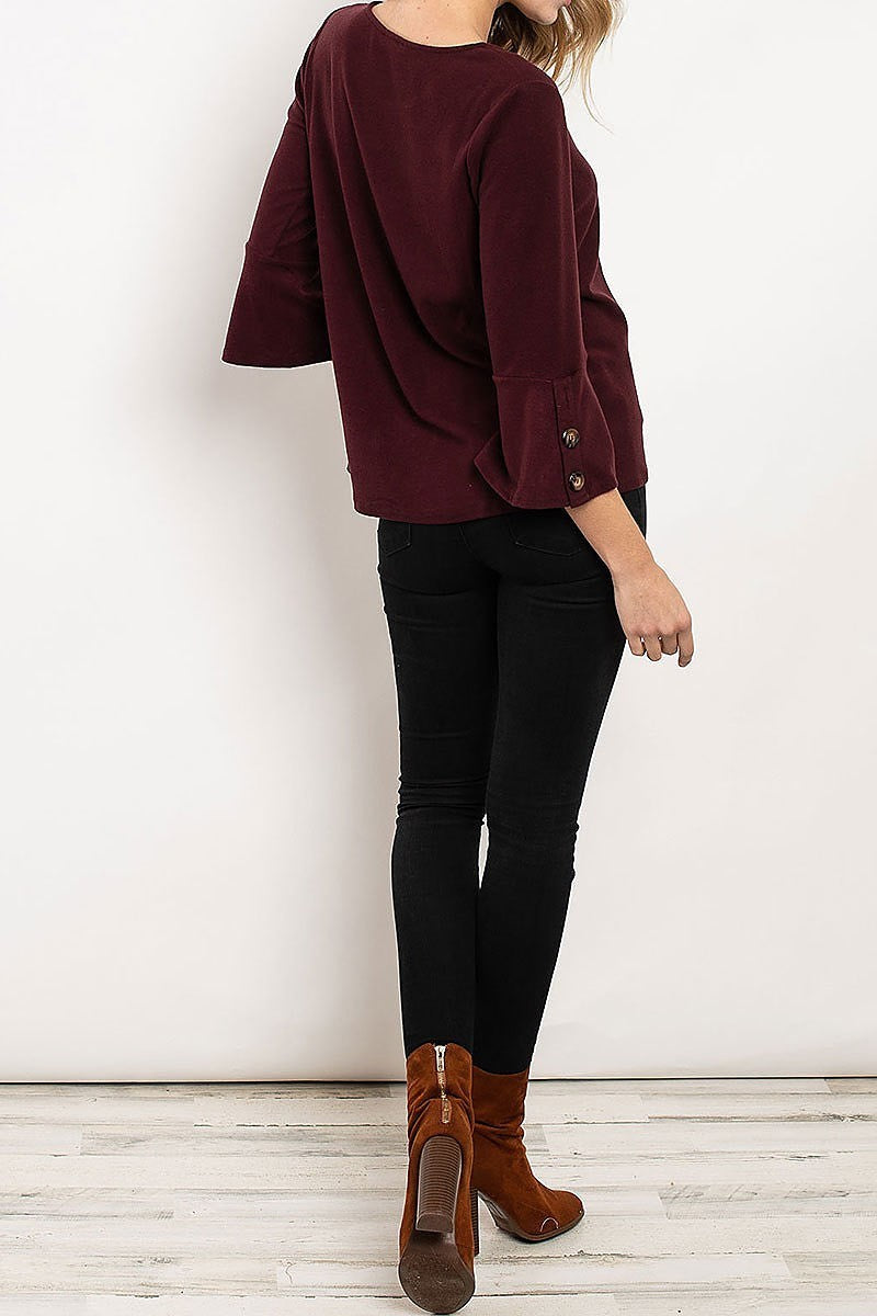 Button trimmed bell sleeve round neck top (ED7939)