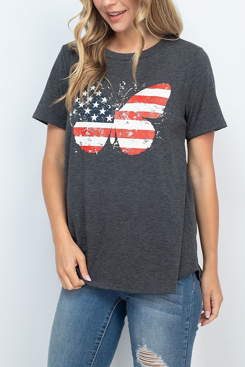 Usa butterfly print crew neck top (EF1315)