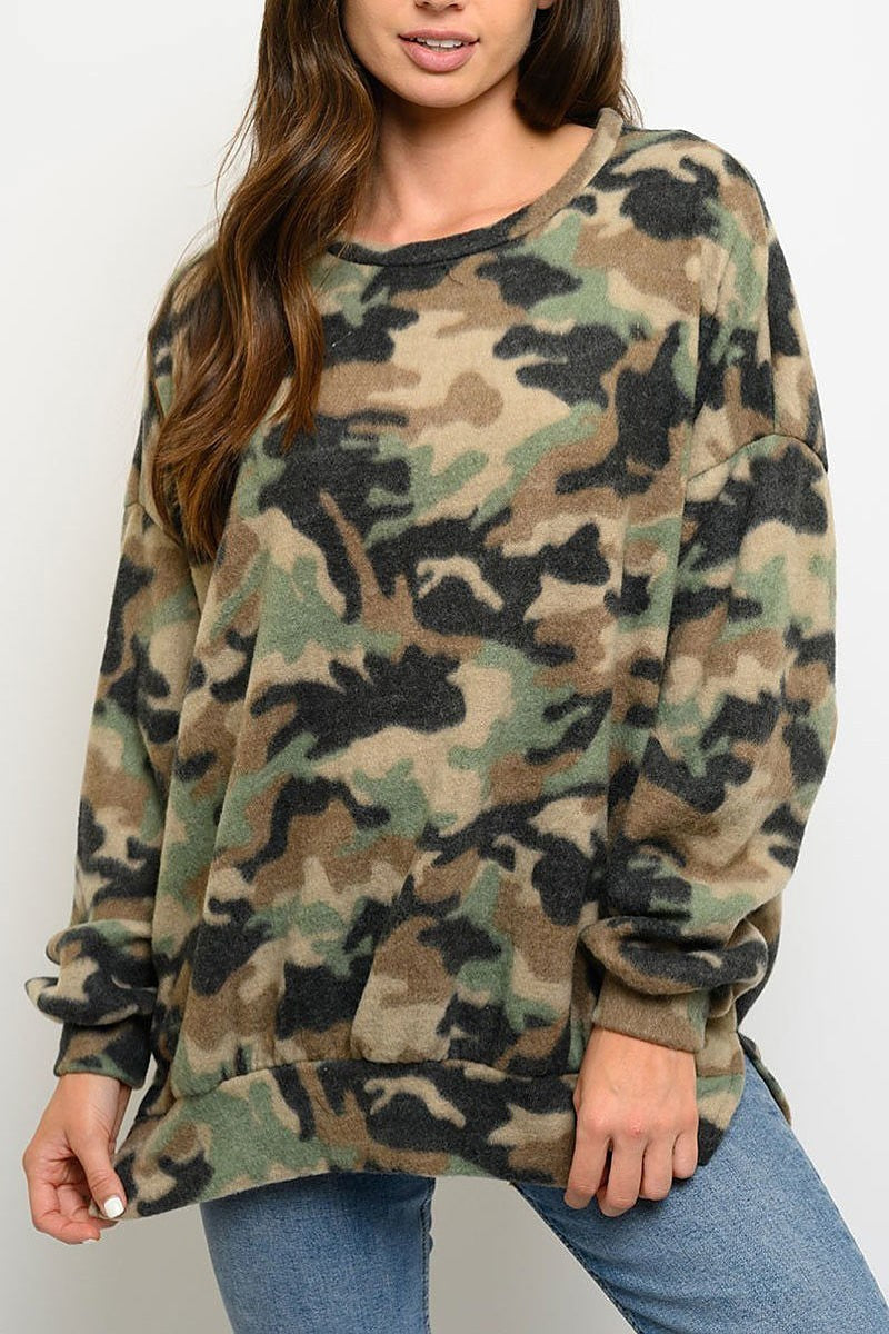 Brushed camo print long sleeve top (EDWT3166)