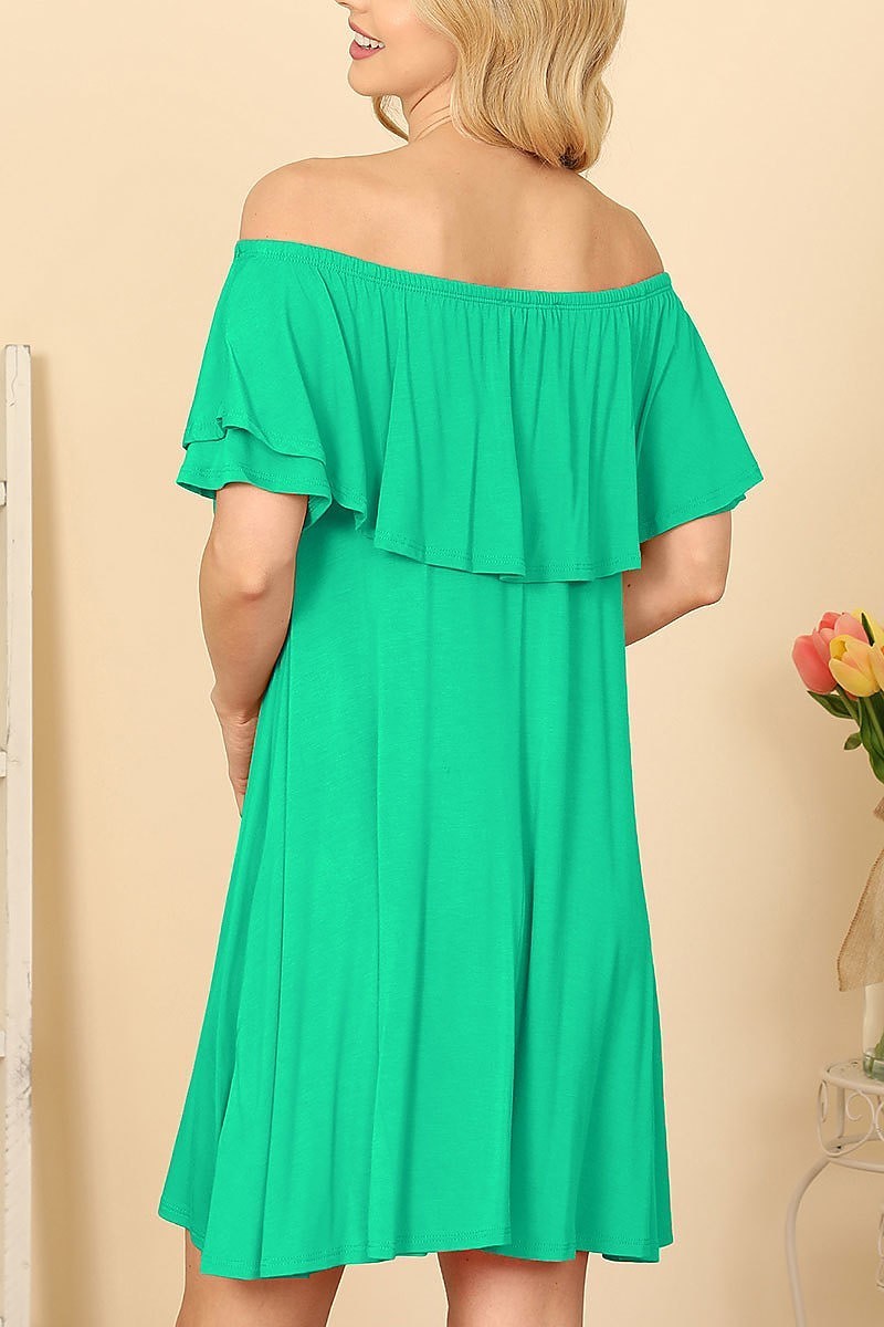 Ruffle off shoulder solid dress (DED9402)