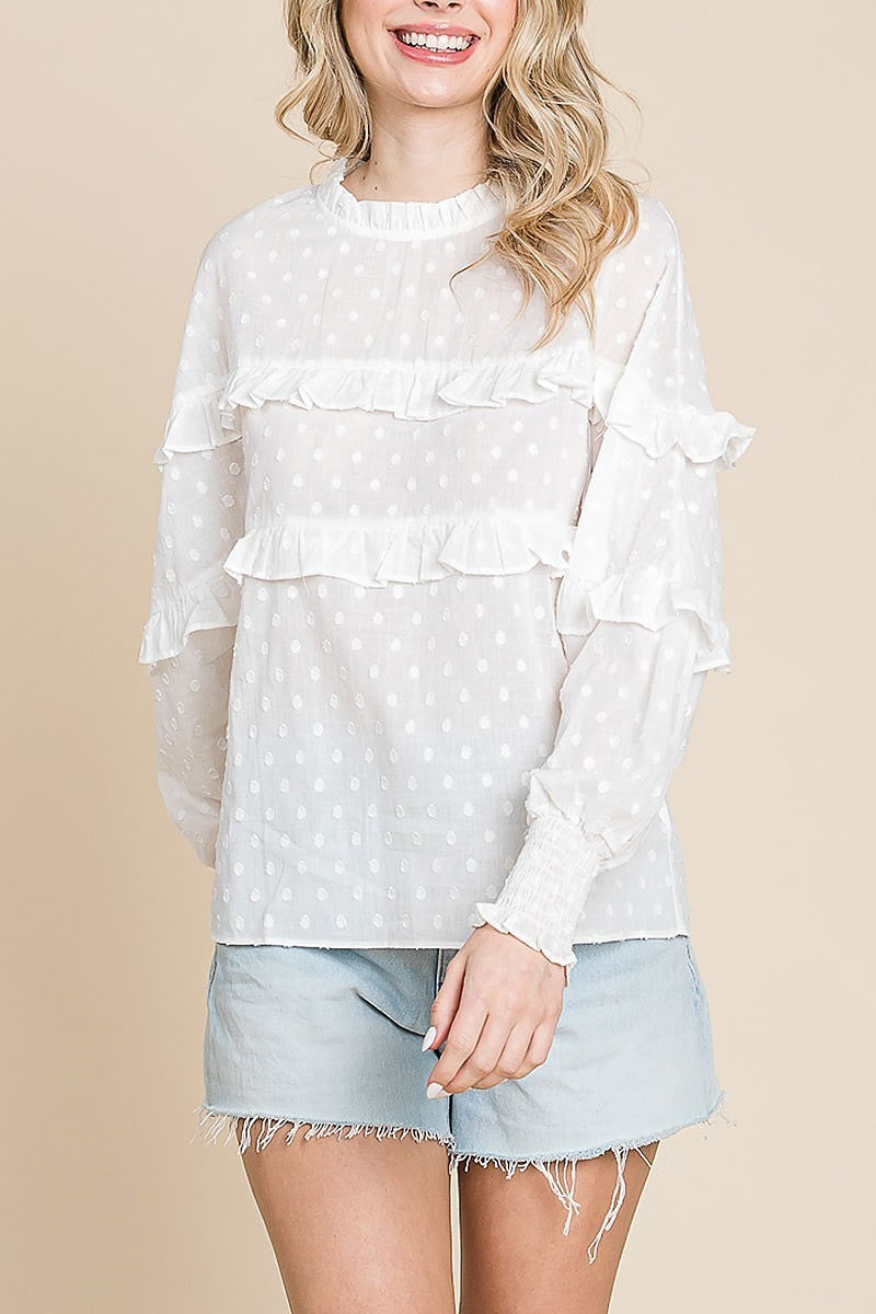 Snow dot voile mock neck dolman blouse (EDH1084)