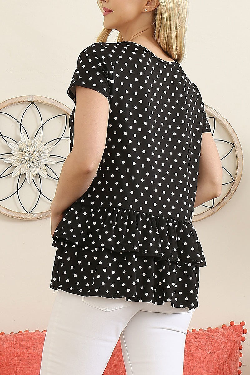 Polka dot ruffle hem short sleeve top (ET5621)