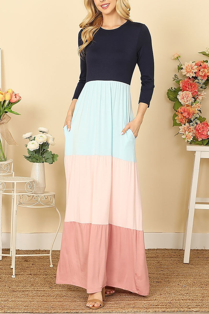 Quarter sleeve color block maxi dress (DED9453)