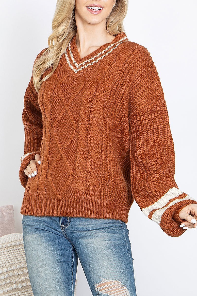 V neck puff sleeve knit sweater (DGS6024)