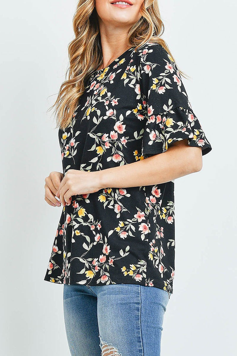 Bell sleeves round neck floral top (ED9699)