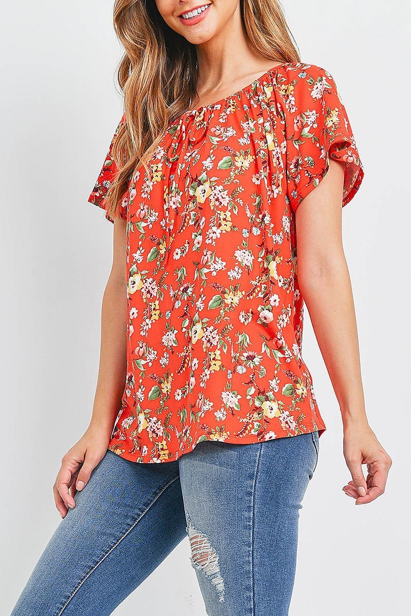 Front tie off shoulder hi low floral top (EF1856)