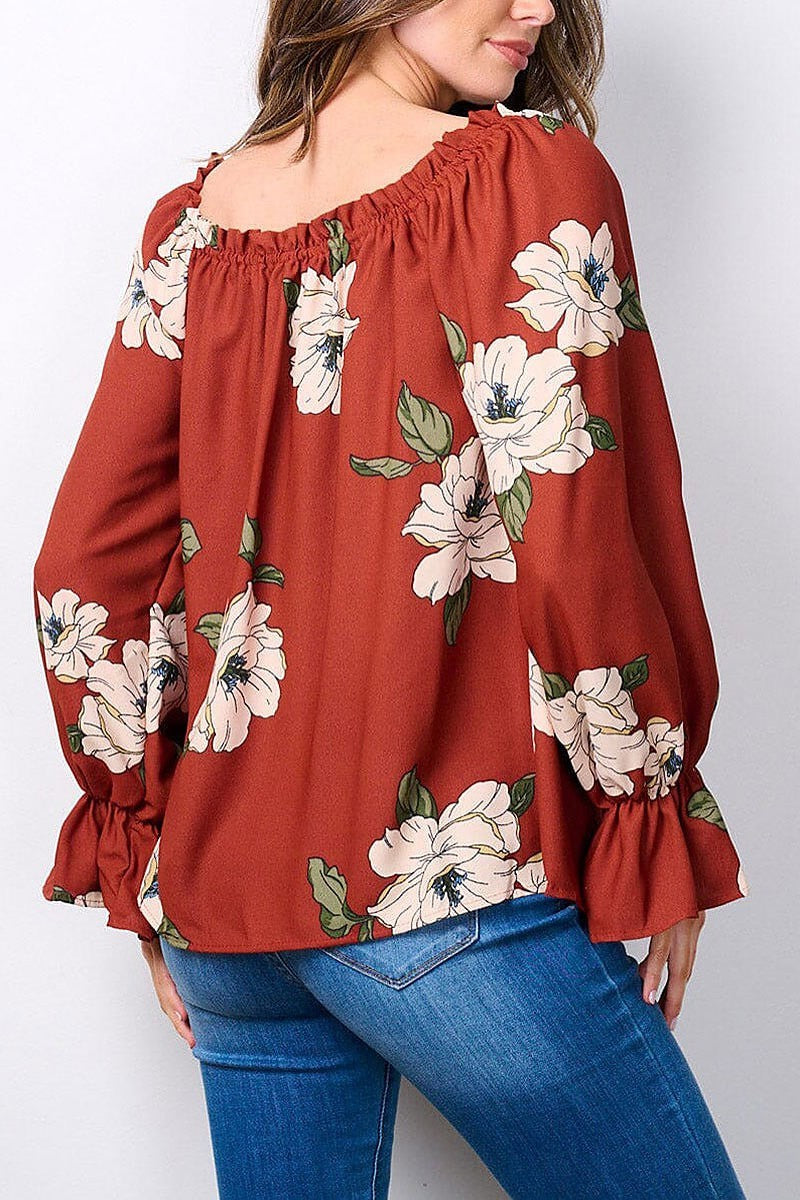 Long sleeve elastic neck floral blouse top (EFWT7481)